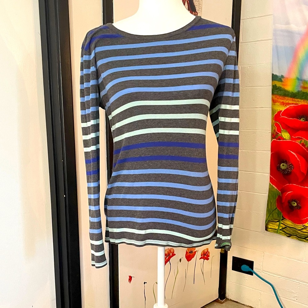 Charcoal long sleeve shirt with green, blue, and periwinkle stripes
